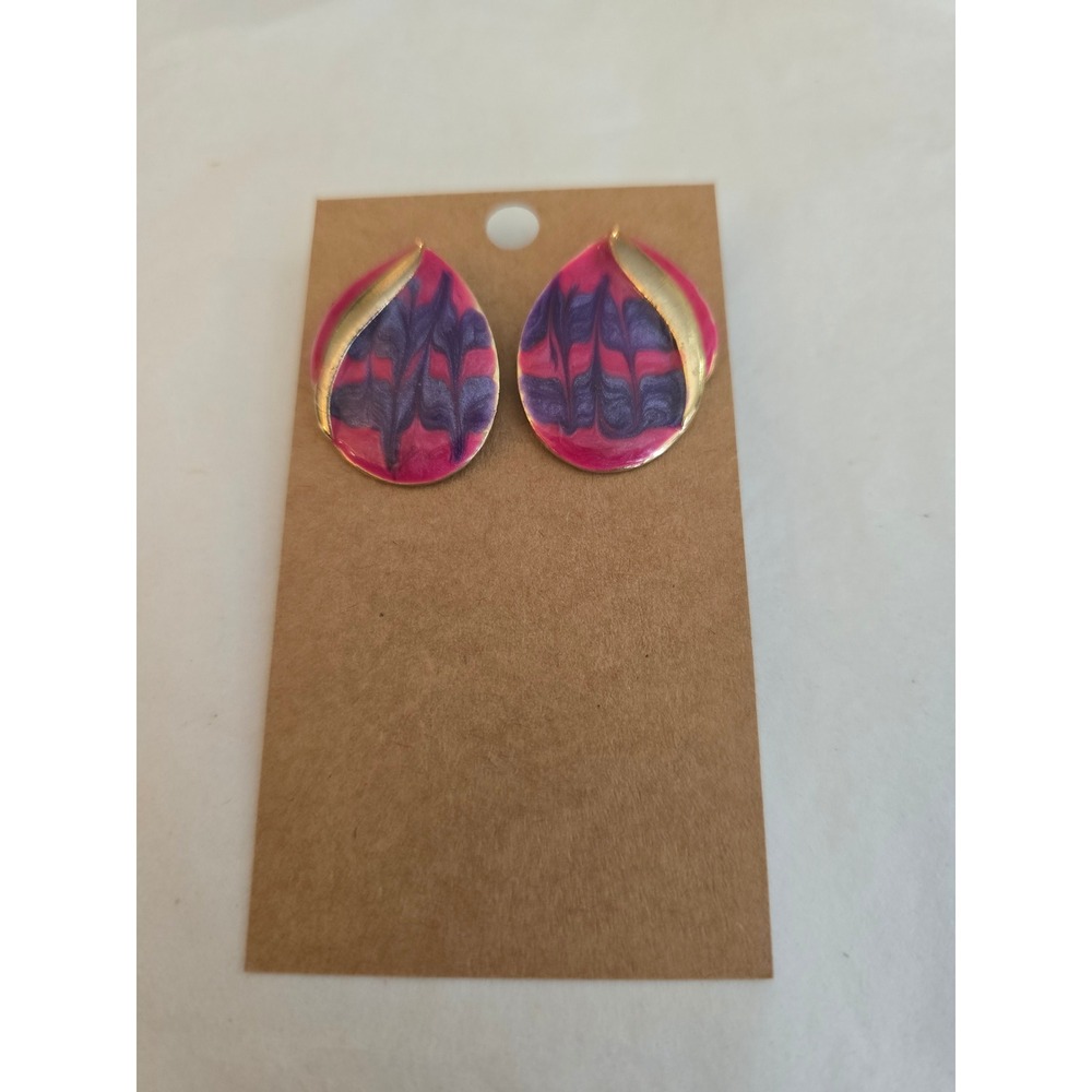 Retro Pink Purple Marbled Enamel Gold Tone Teardrop Stud Earrings